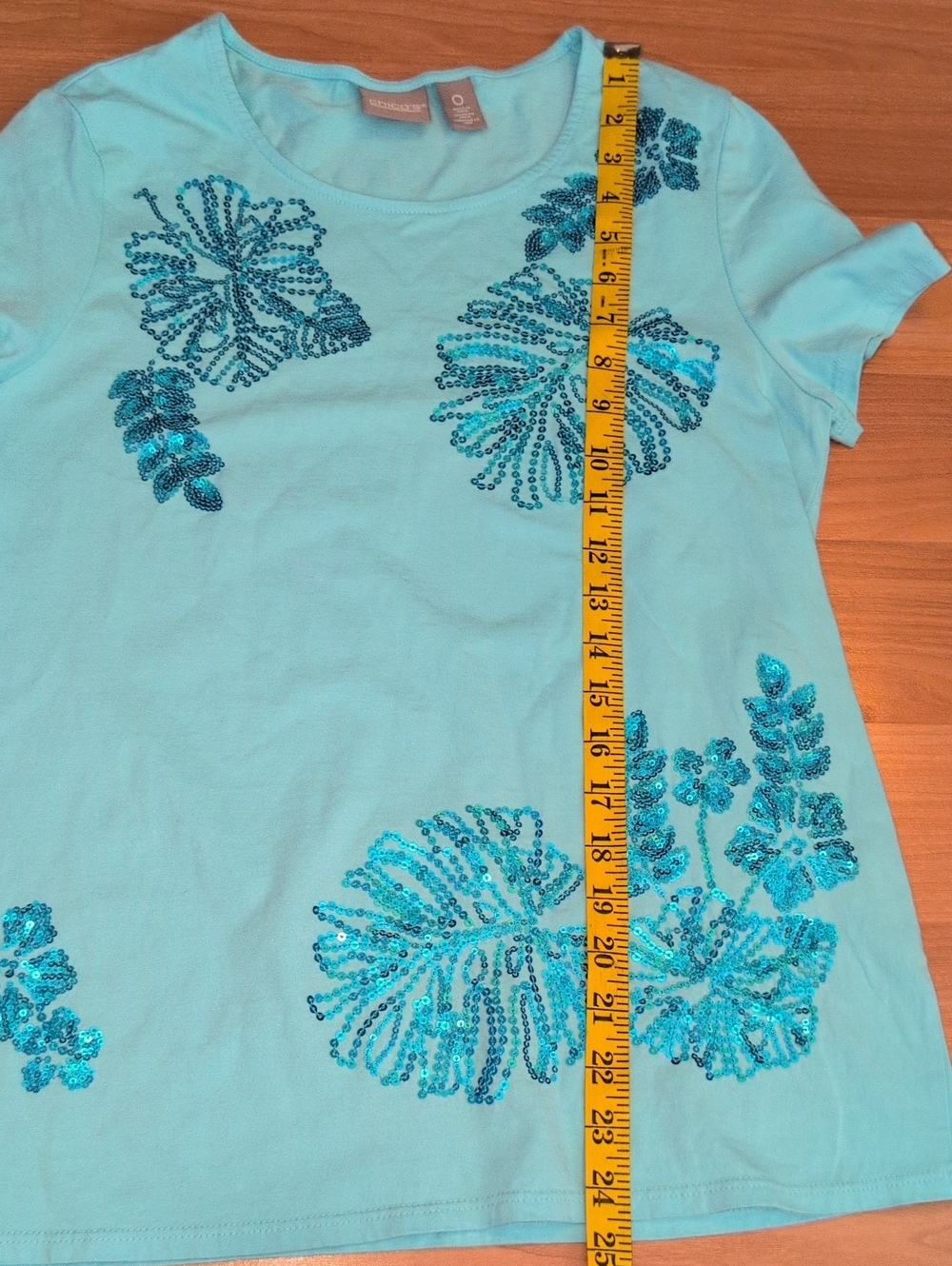 Chico's Turquoise Tropical Sequin Palm Leaf Hibiscus Tee Size S - Picture 6 of 8